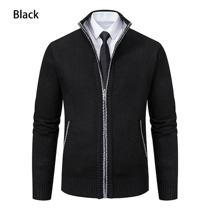 Solid color men's fleece sweater in black with stand collar and zipper for casual style