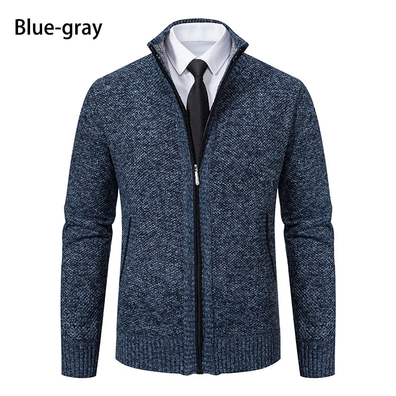 VaultHaus solid color men's fleece sweater in blue-gray with stand collar and zipper closure for casual wear