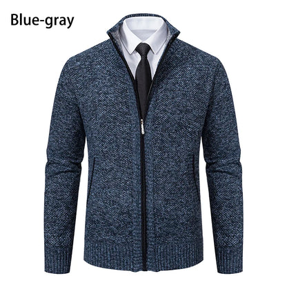 VaultHaus solid color men's fleece sweater in blue-gray with stand collar and zipper closure for casual wear