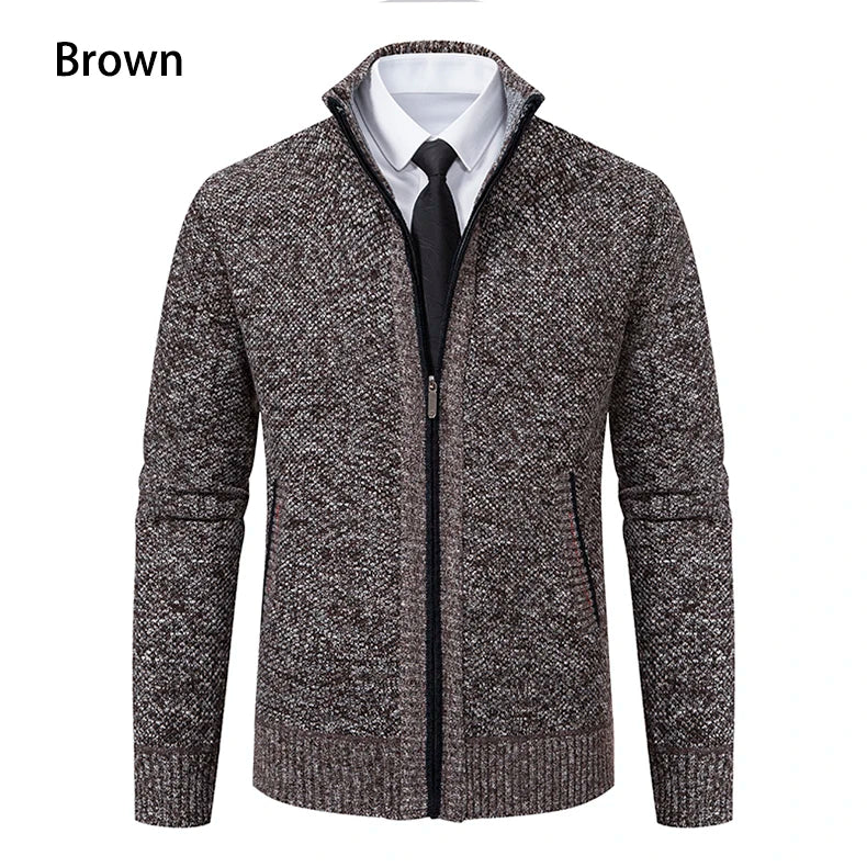 Solid color men's fleece sweater by VaultHaus with a stand collar and warm zipper cardigan design
