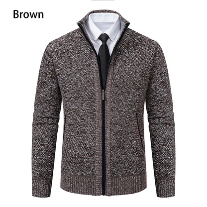 Solid color men's fleece sweater by VaultHaus with a stand collar and warm zipper cardigan design