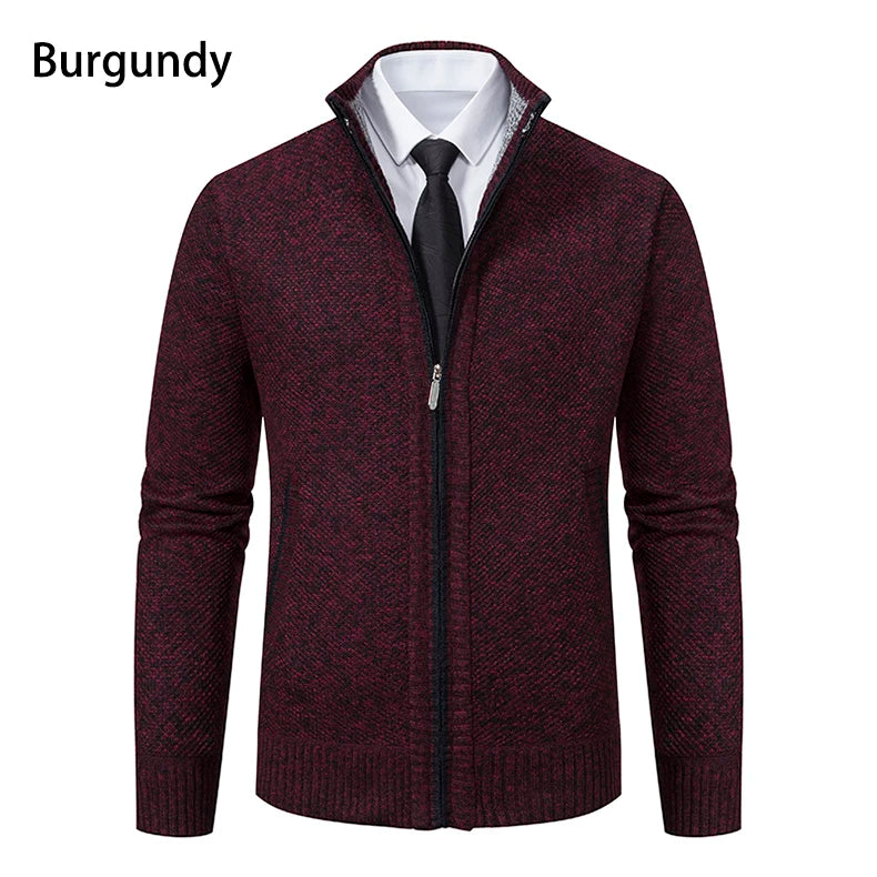 Burgundy solid color men's fleece sweater jacket with stand collar and zipper for casual winter wear