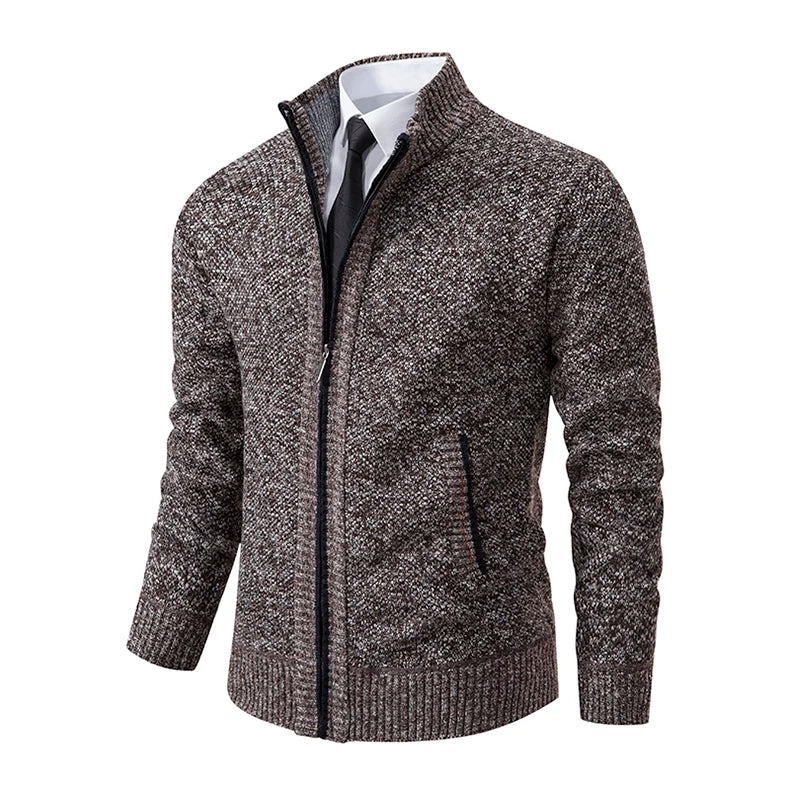 Stylish solid color men's fleece sweater with a stand collar and zipper, perfect for autumn and winter wear
