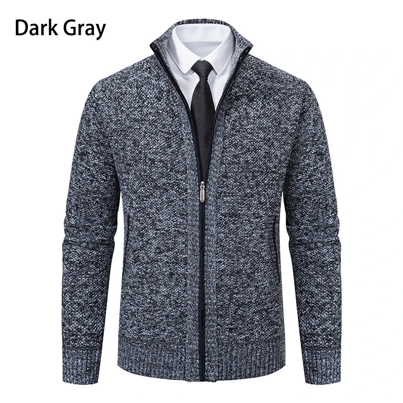 Dark Gray Solid Color Men's Fleece Sweater with Stand Collar and Zipper for Casual Wear