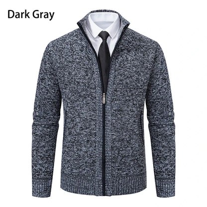 Dark Gray Solid Color Men's Fleece Sweater with Stand Collar and Zipper for Casual Wear
