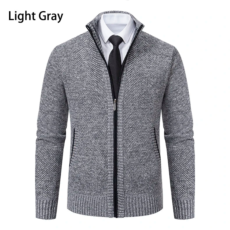 Light Gray solid color men's fleece sweater with stand collar and zipper for casual sportswear