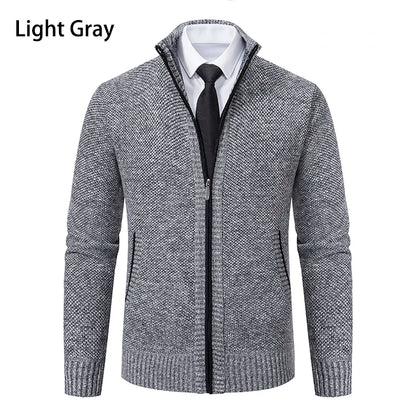 Light Gray solid color men's fleece sweater with stand collar and zipper for casual sportswear