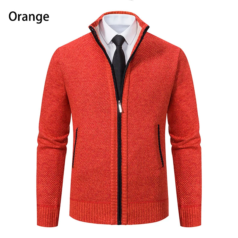 Orange solid color men's fleece sweater with stand collar and zipper for casual wear