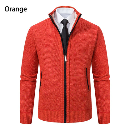 Orange solid color men's fleece sweater with stand collar and zipper for casual wear