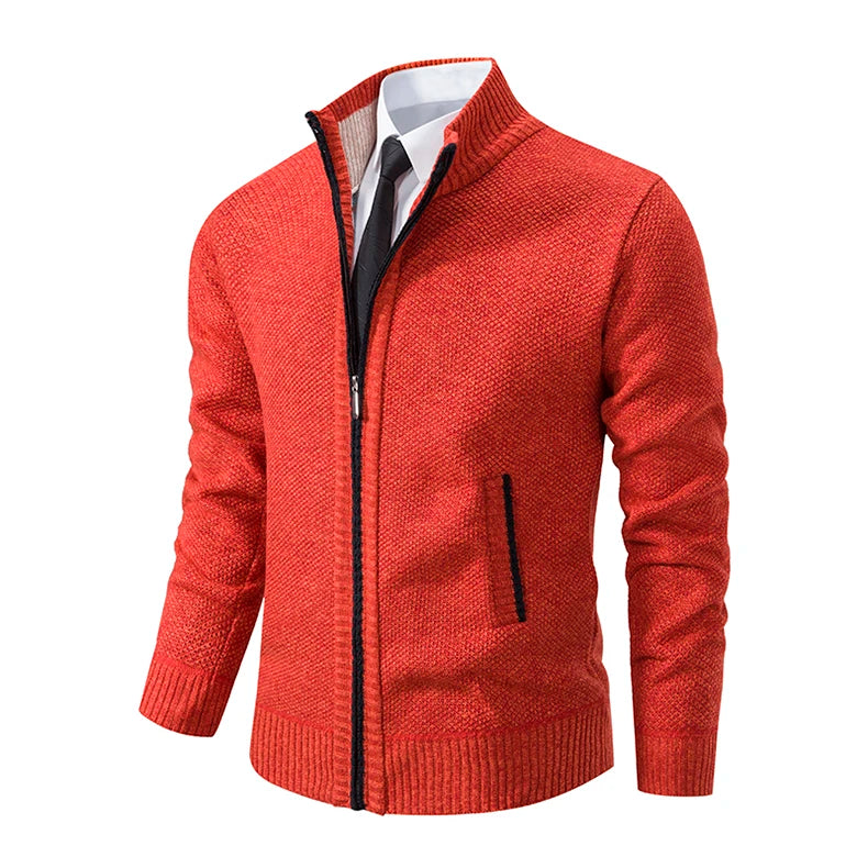 Solid color men's fleece sweater in red with stand collar and zipper for casual wear