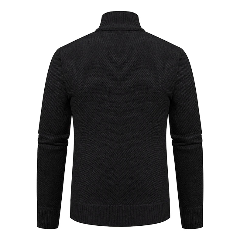 Back view of a solid color men's fleece sweater with a stand collar from VaultHaus, ideal for winter wear