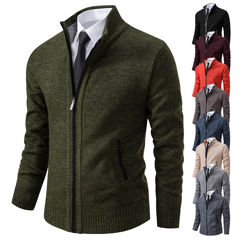 Solid color men's fleece sweater by VaultHaus, featuring a stylish stand collar and warm zipper design