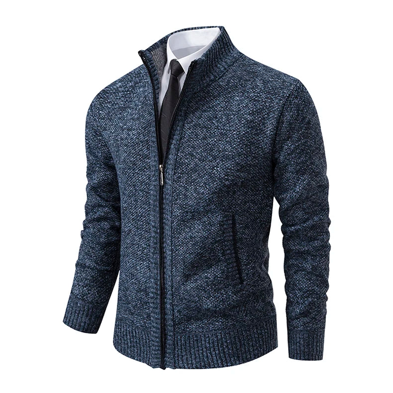 Solid color men's fleece sweater from VaultHaus featuring a stand collar and zipper for casual style
