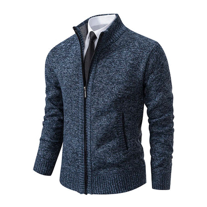 Solid color men's fleece sweater from VaultHaus featuring a stand collar and zipper for casual style