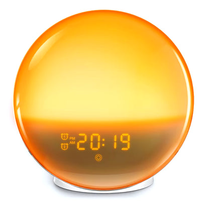Sunrise simulation alarm clock with colorful atmosphere light and FM radio function for a refreshing wake up experience