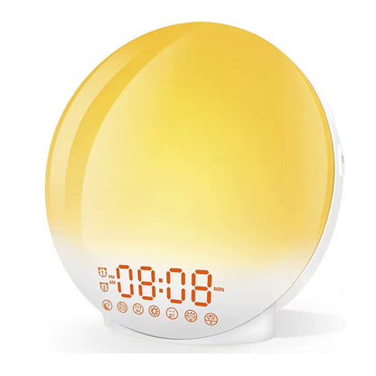 Sunrise simulation alarm clock with colorful atmosphere light and FM radio for a relaxing wake-up experience