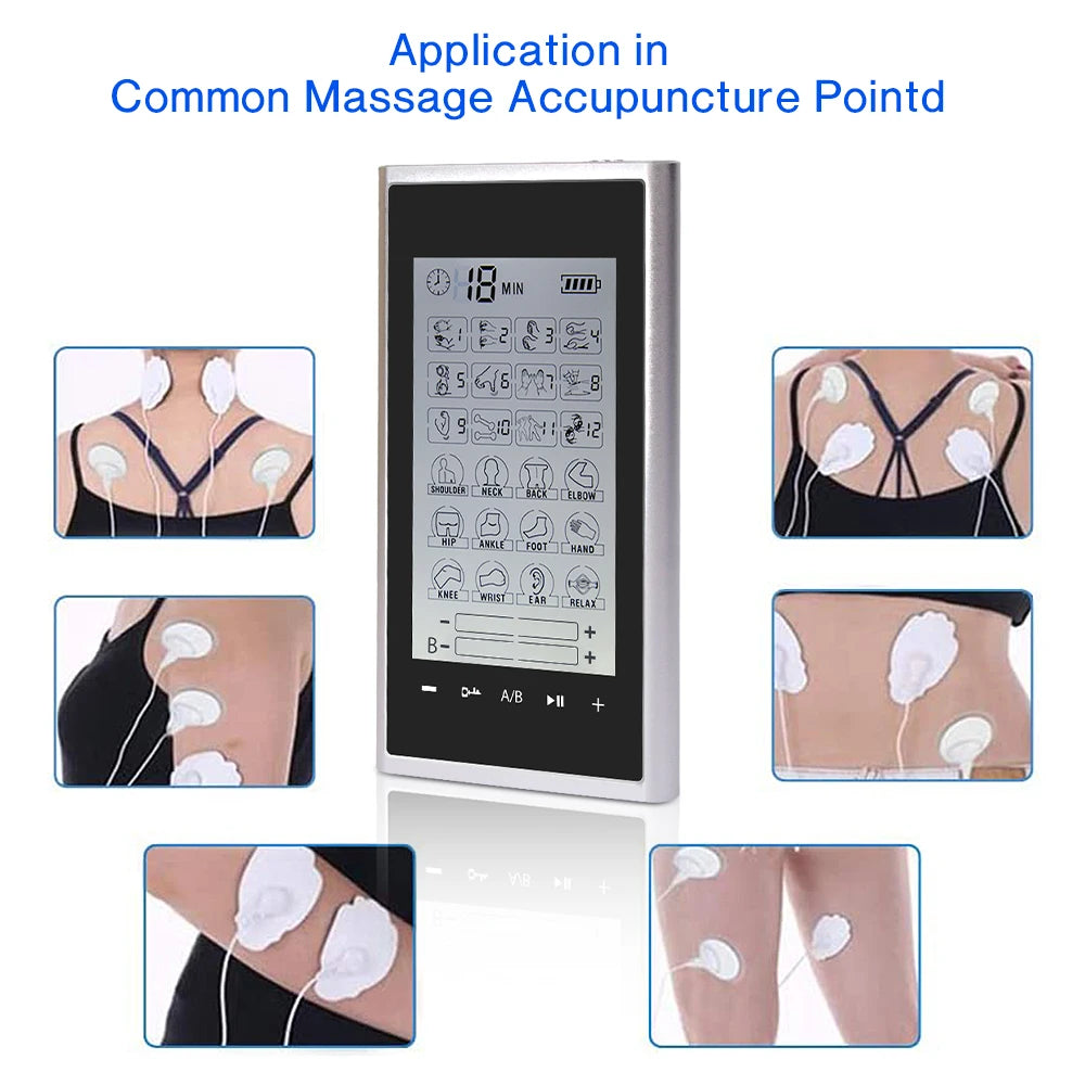 24 Modes EMS Electric Professional Muscle Stimulation Physiotherapy Body Massager with user applications displayed