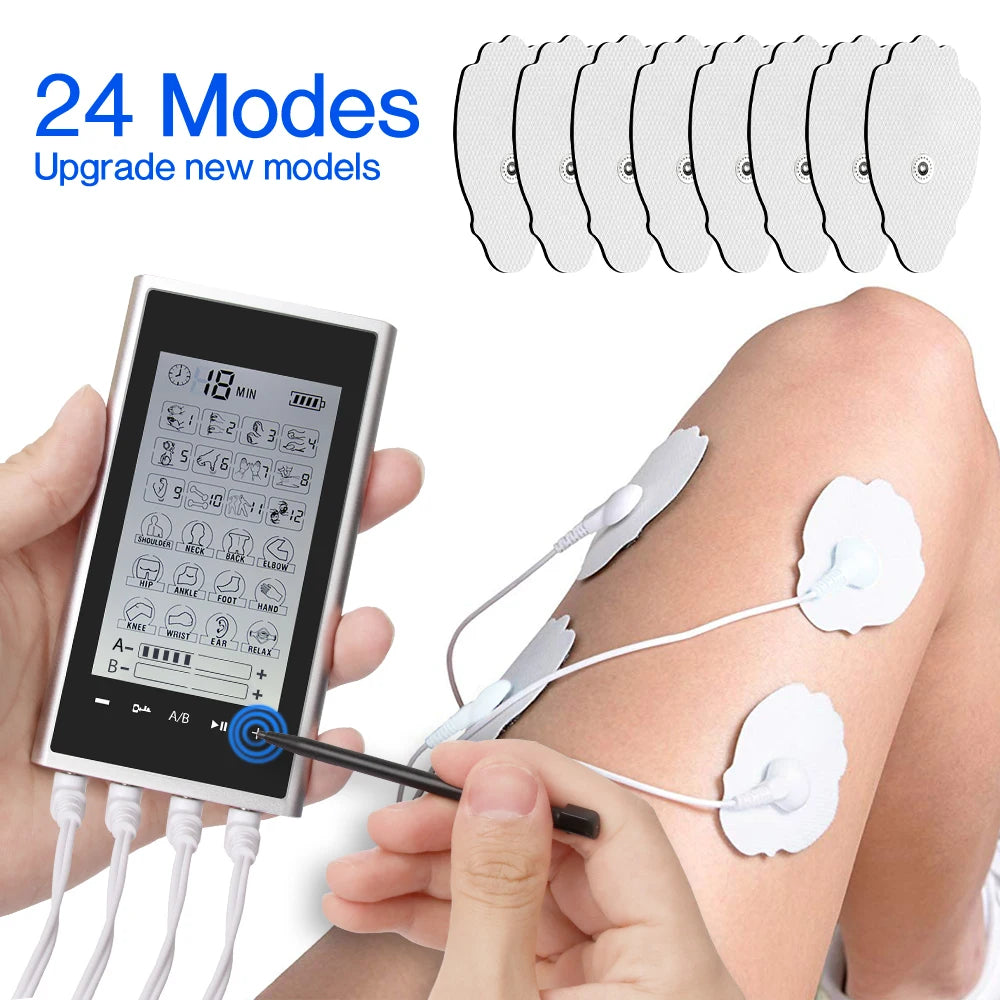 24 Modes EMS Electric Professional Muscle Stimulation Physiotherapy Body Massager with multiple electrode pads displayed