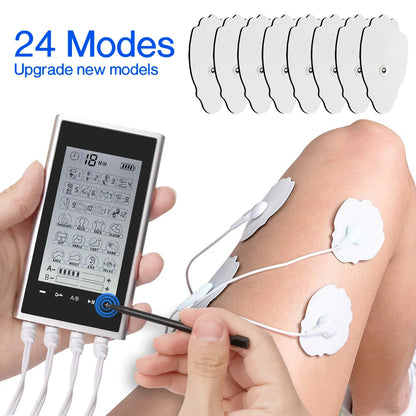 24 Modes EMS Electric Professional Muscle Stimulation Physiotherapy Body Massager with multiple electrode pads displayed