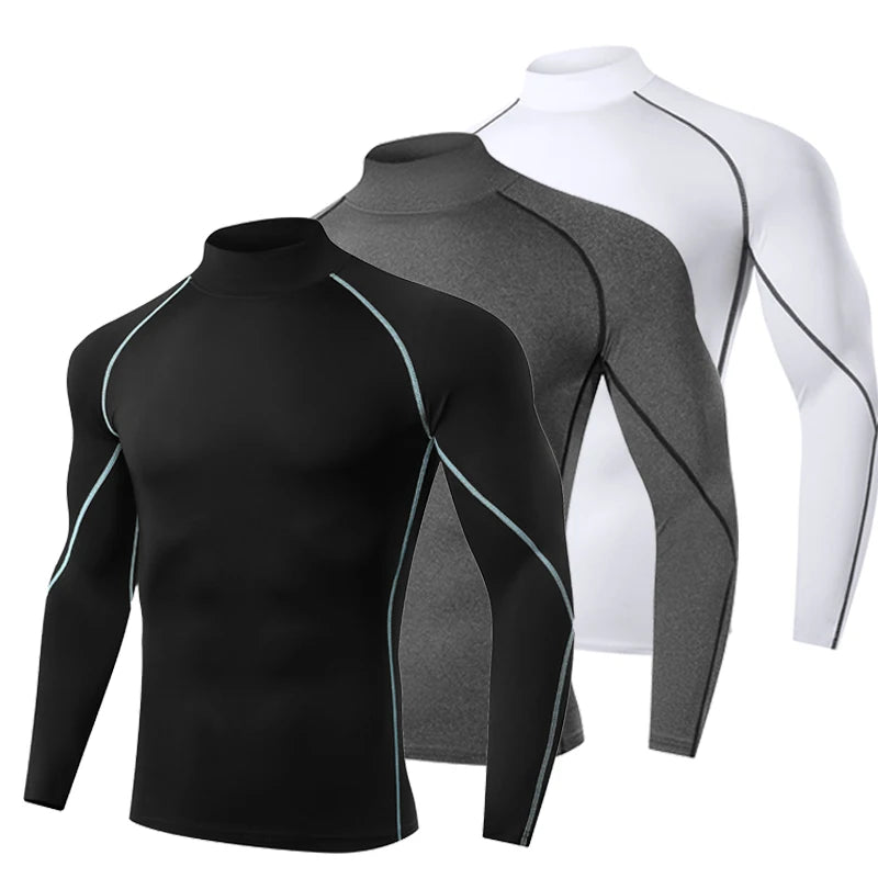 Set of three VaultHaus compression gym shirts for men in black, gray, and white with a sporty design
