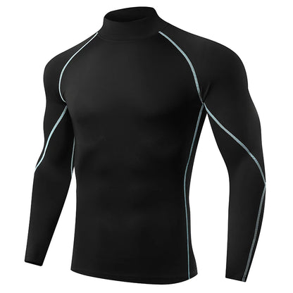 VaultHaus Compression Gym Shirt for Men in Black with Long Sleeves and Contrast Stitching