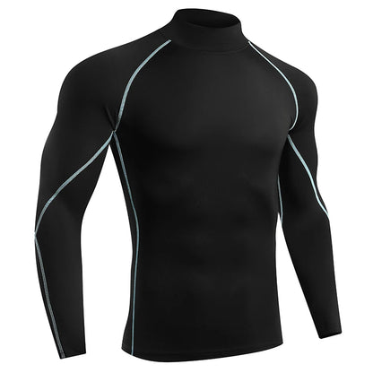 VaultHaus compression gym shirt for men in black with light blue accents and long sleeves