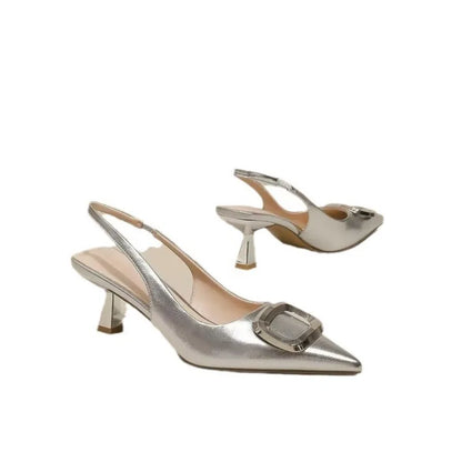 VaultHaus Elegant Slingback Shoes in Silver with Stylish Block Heel for Sophisticated Looks