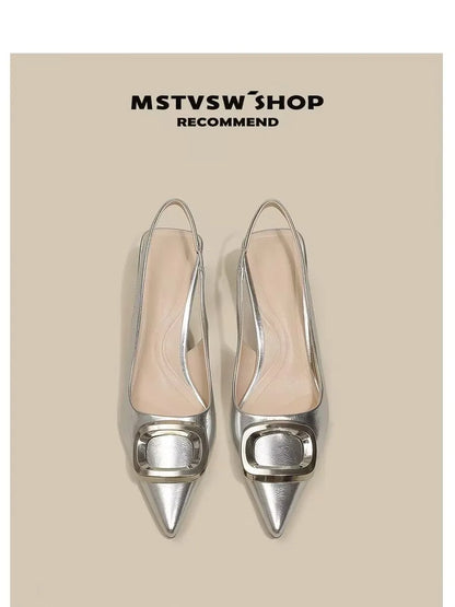 Stylish VaultHaus elegant slingback shoes with pointed toes and decorative buckles in silver