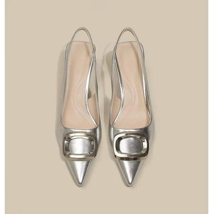 VaultHaus elegant slingback shoes in silver with pointed toes and stylish buckle design