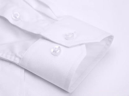 Close-up of a white long sleeve anti-wrinkle office shirt featuring polished buttons and a crisp collar