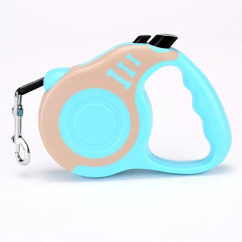 VaultHaus Retractable Dog Leash for All Breeds in blue and beige with ergonomic handle and clip