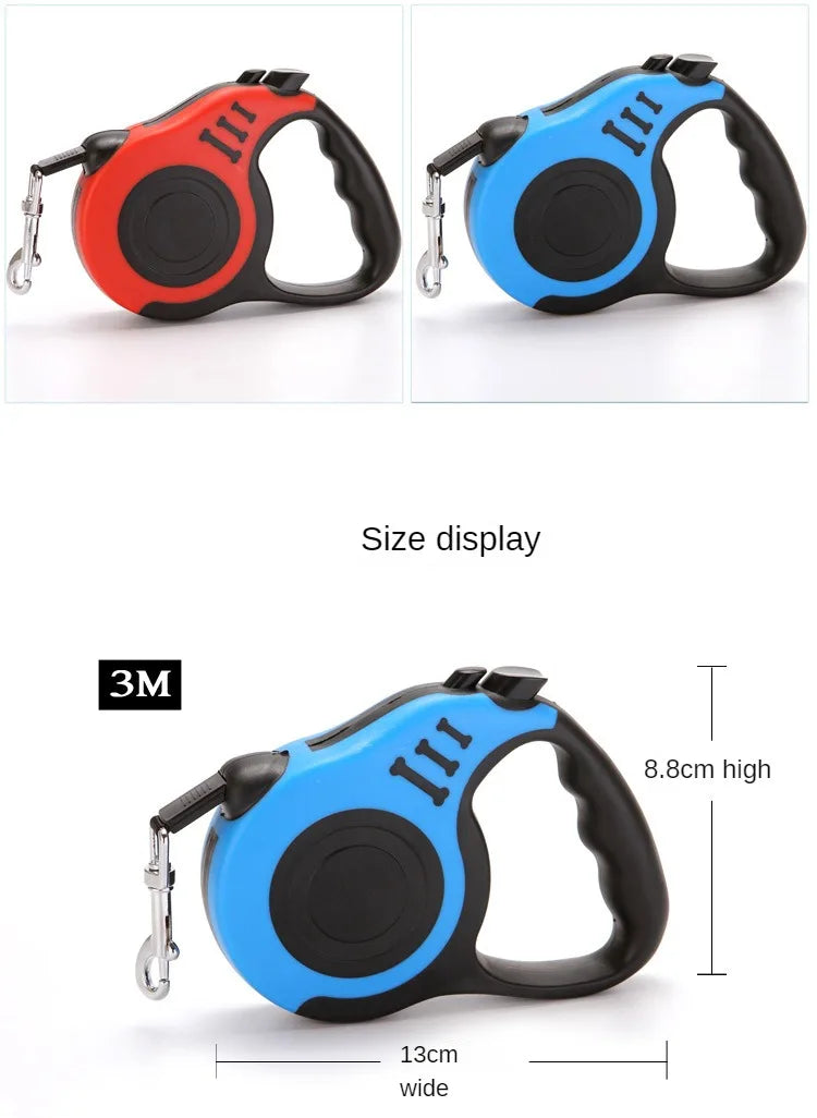 Retractable Dog Leash for All Breeds in Red and Blue Colors with Size Display Information
