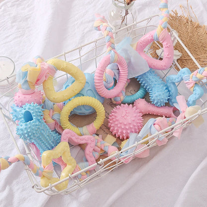 Colorful small dog chew toys in a basket, perfect for playful pups and dental health