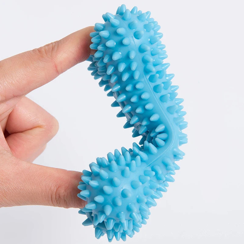 Durable blue small dog chew toys with textured spikes for dental health and playful chewing