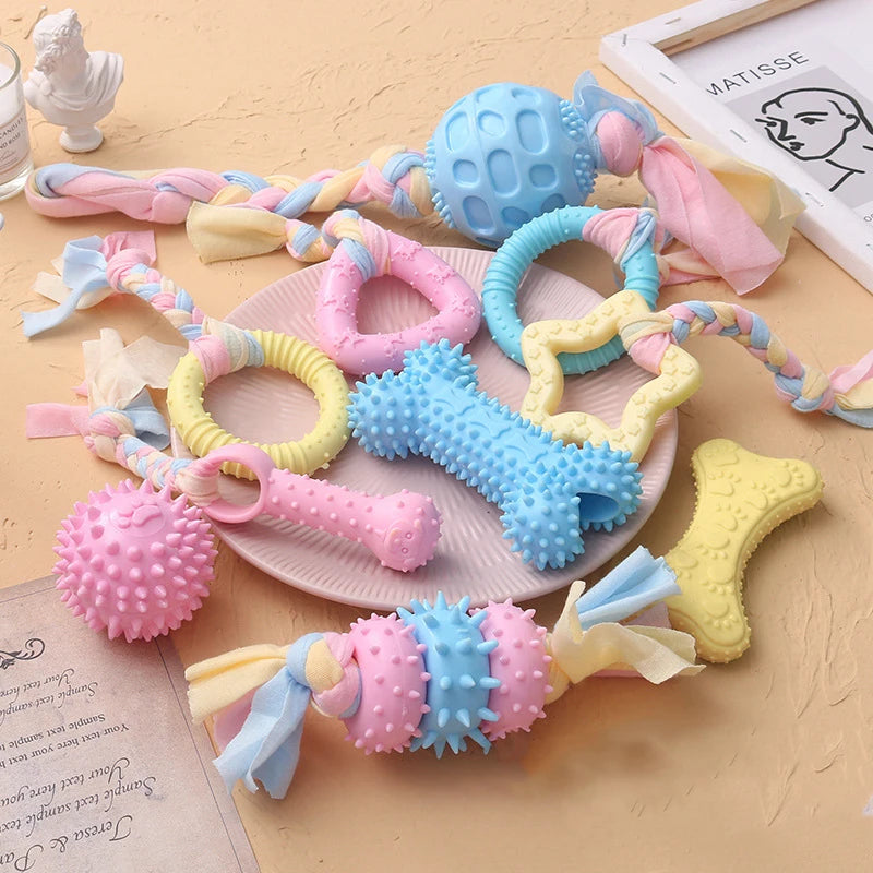 Colorful small dog chew toys assorted in various shapes and textures for playful pups