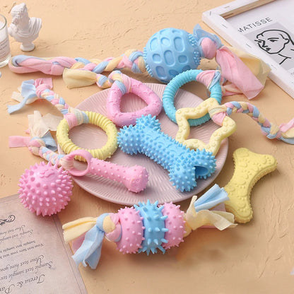 Colorful small dog chew toys set including ropes, bones, and textured balls for playful pups