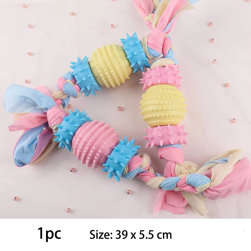 Colorful small dog chew toys with soft spikes and braided fabric for interactive play