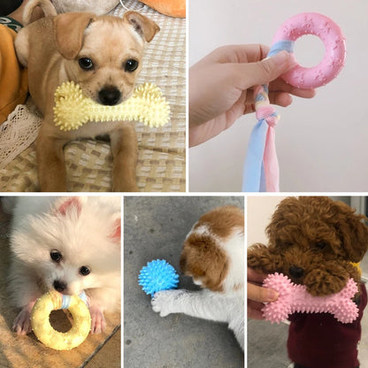 Variety of small dog chew toys in different colors for puppies and small breeds