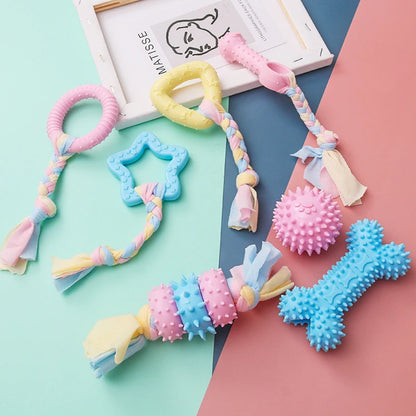 Colorful small dog chew toys set including ropes and textured shapes for playful pups