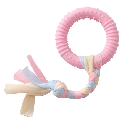 VaultHaus small dog chew toys featuring a pink rubber ring with soft fabric tassels