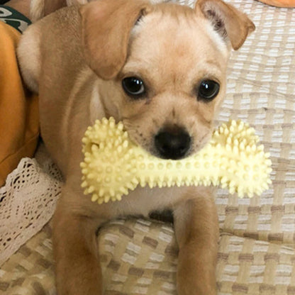Cute puppy with a yellow chew toy, perfect small dog chew toys for safe playtime