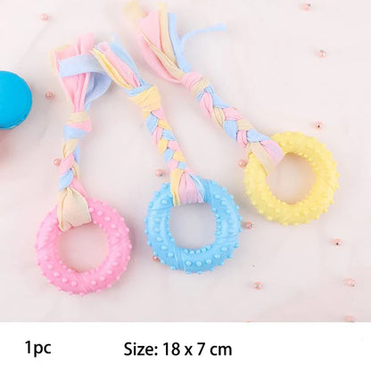 Colorful small dog chew toys made of durable rubber with braided strands for fun playtime