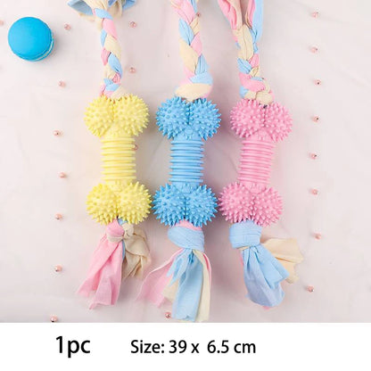 Colorful small dog chew toys with textured balls and braided design for playful pups