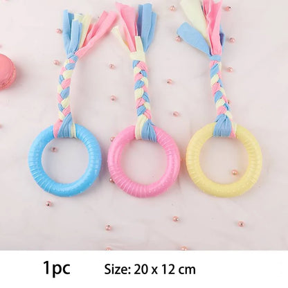 Colorful braided small dog chew toys in blue, pink, and yellow for playful puppies