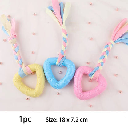 Colorful small dog chew toys in heart shapes, ideal for playful pups to chew and enjoy
