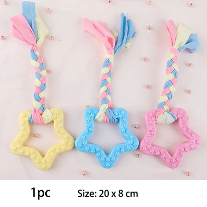 Colorful small dog chew toys in star shape with braided fabric for playful puppies