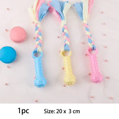 Colorful small dog chew toys with fabric and rubber features for playful pups