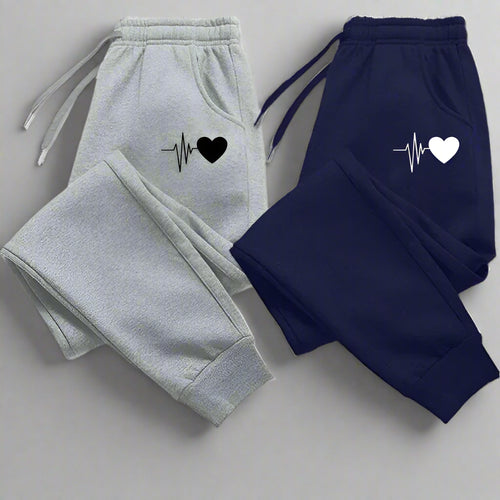 VaultHaus soft fitness sweatpants 2025 in gray and navy with heart and heartbeat design