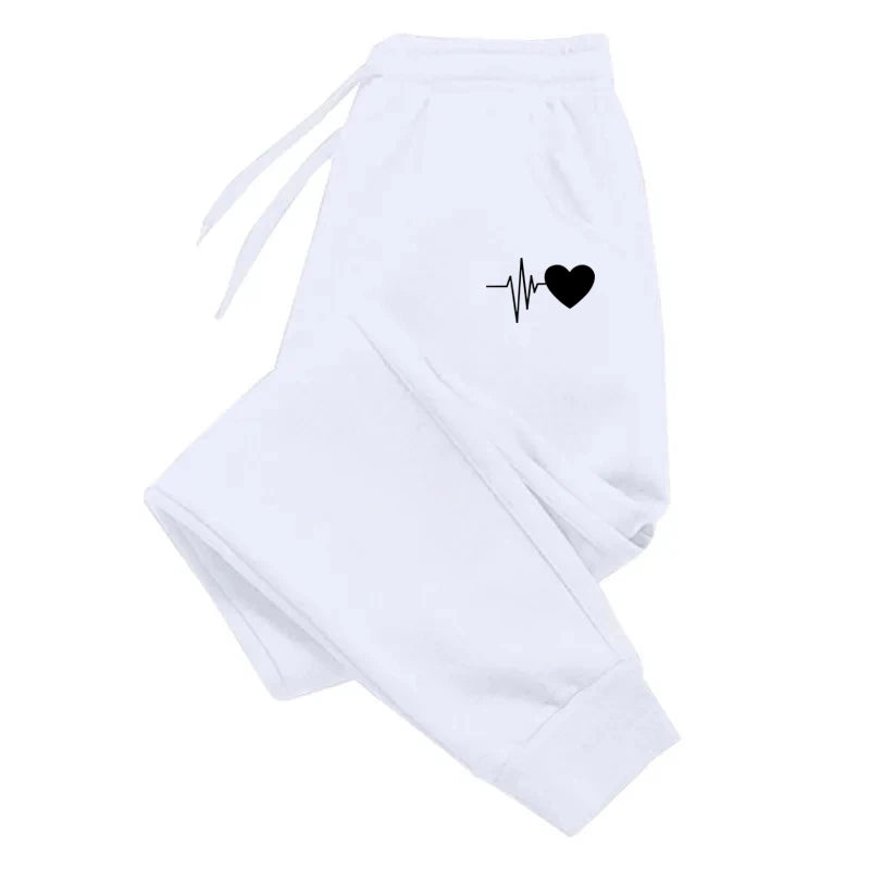 White VaultHaus soft fitness sweatpants 2025 with heartbeat graphic for active comfort