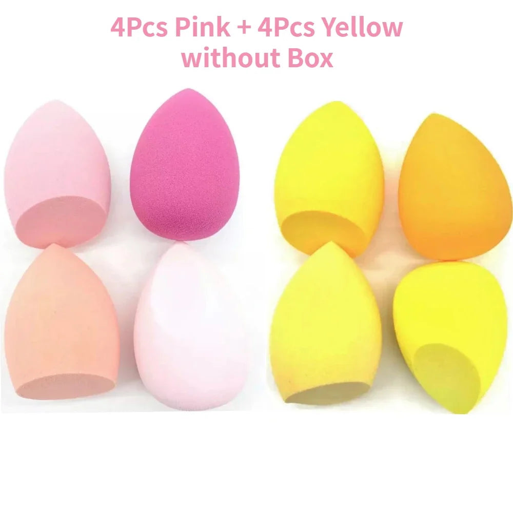 Soft makeup sponge set featuring 4 pink and 4 yellow sponges for flawless makeup application